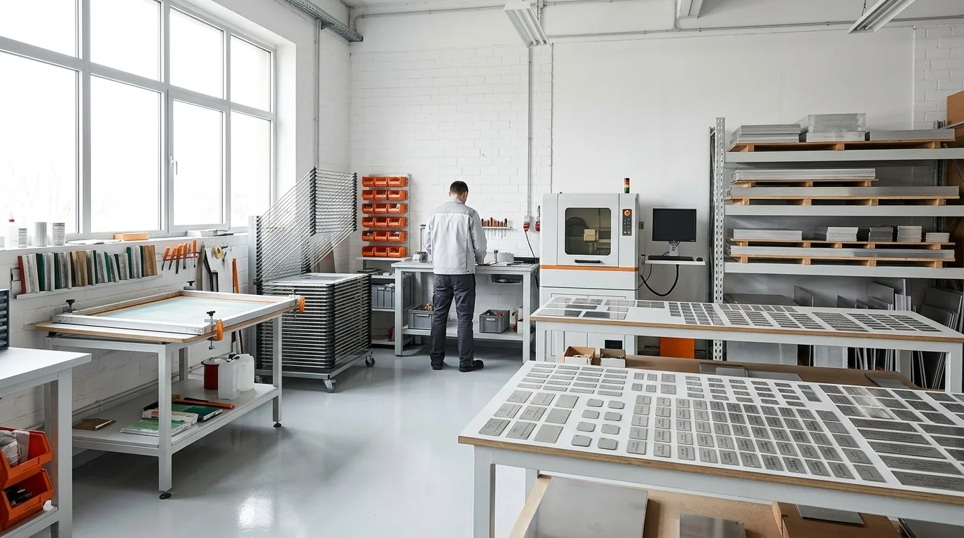 Serigrafi tezgâhı, kurutma rafı, lazer markalama makinesi ve masalarda dizili metal etiketlerin bulunduğu aydınlık etiket atölyesi